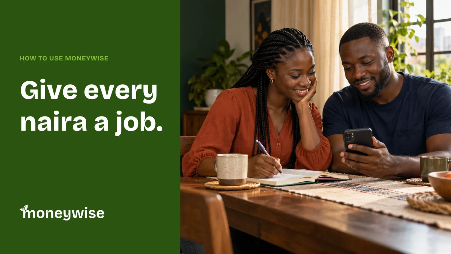How to use Moneywise: an illustrative photograph of two Nigerian friends planning their savings, with the official Moneywise logo