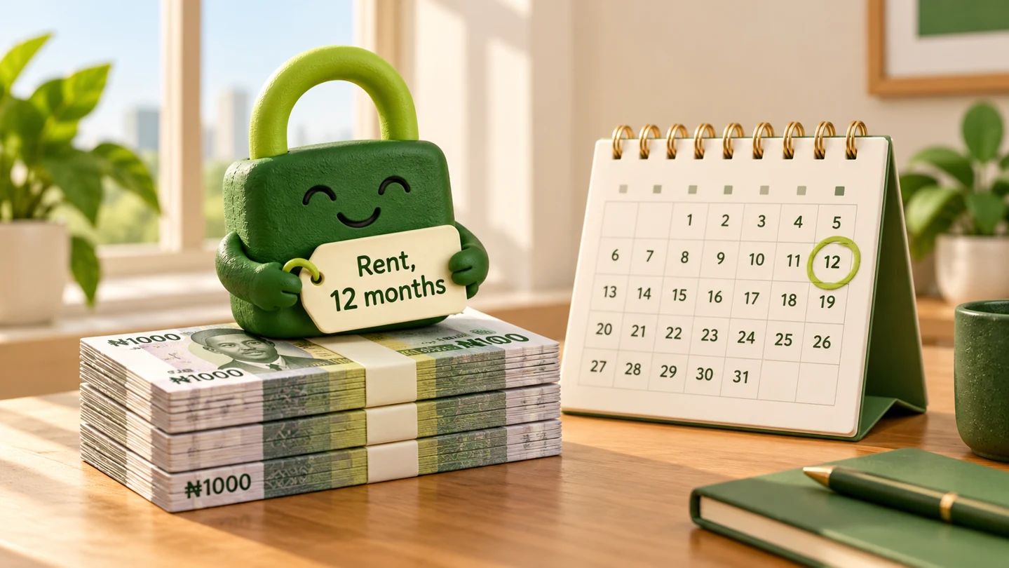 A smiling padlock guarding a naira stack beside a rent calendar